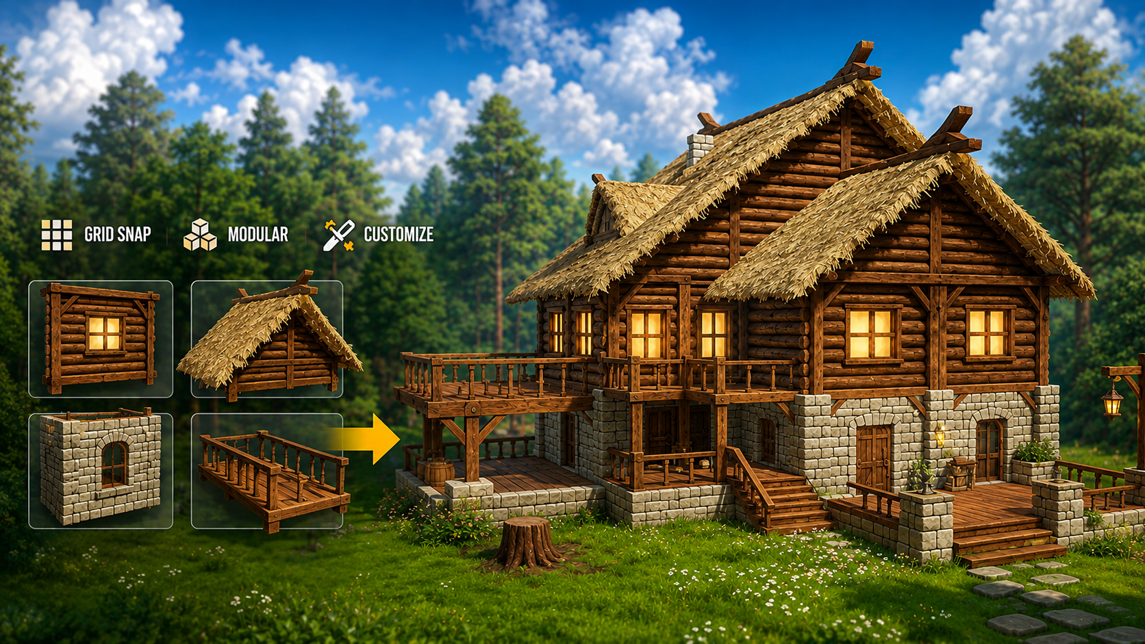Modular log cabin assembled with the multiplayer-ready building system