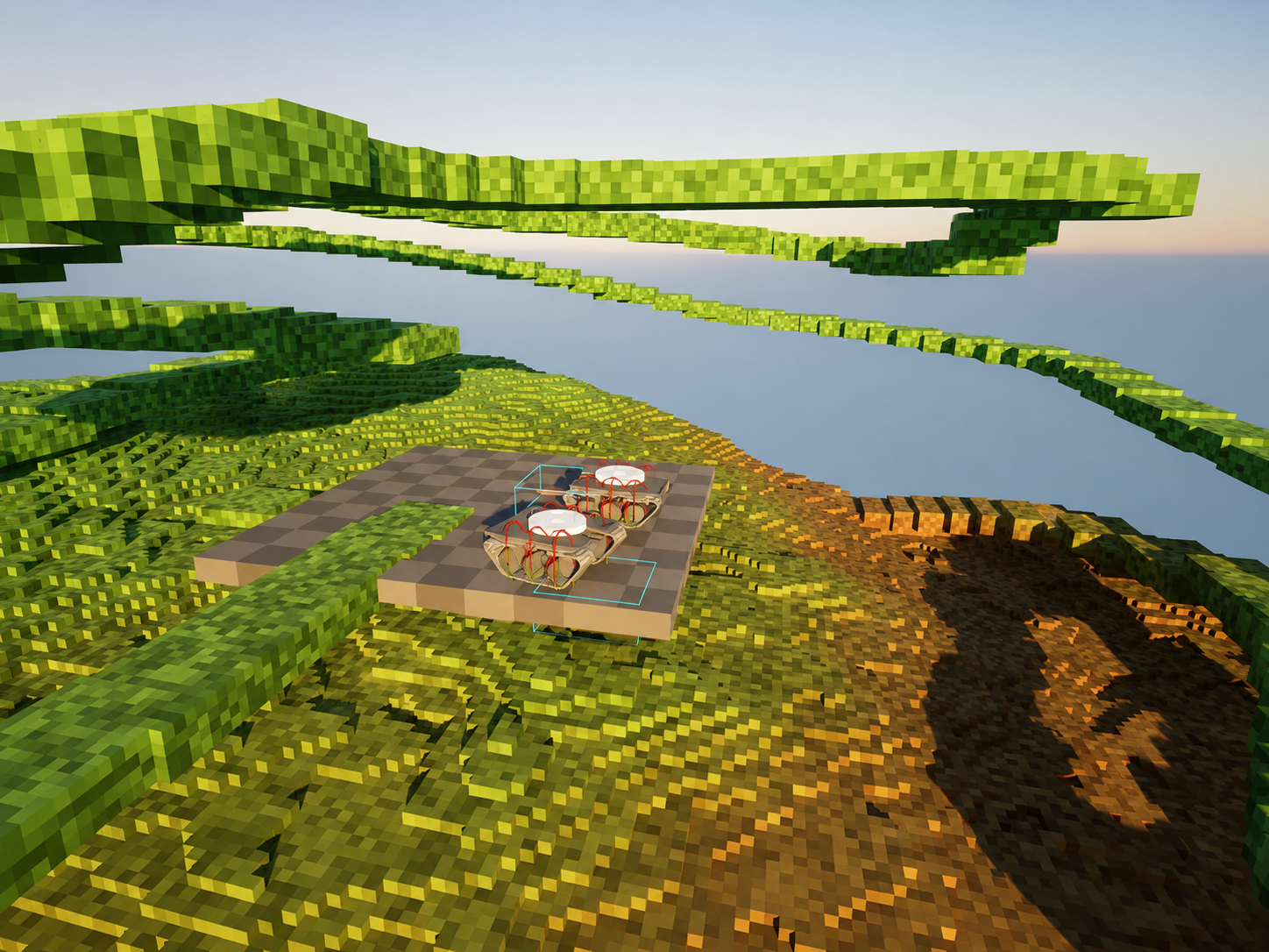 Looping ribbons of voxel terrain over open ocean, with a test platform holding two small vehicles
