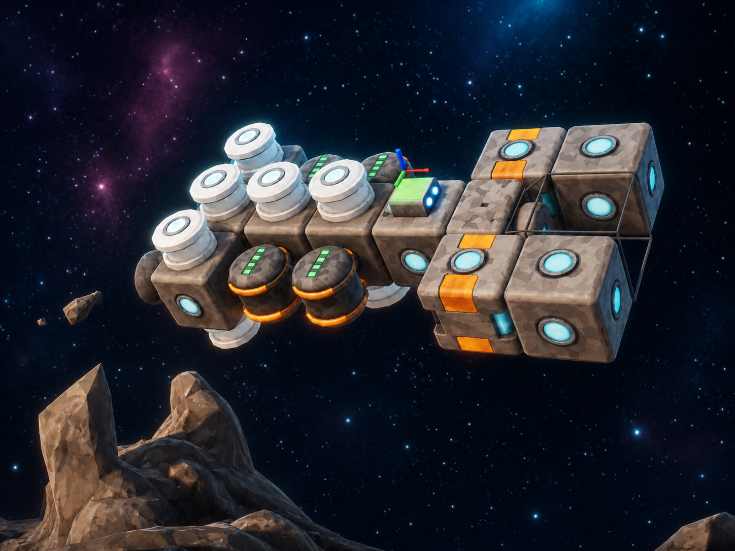 A modular block-built spaceship assembled from snapped-together parts, floating near an asteroid field