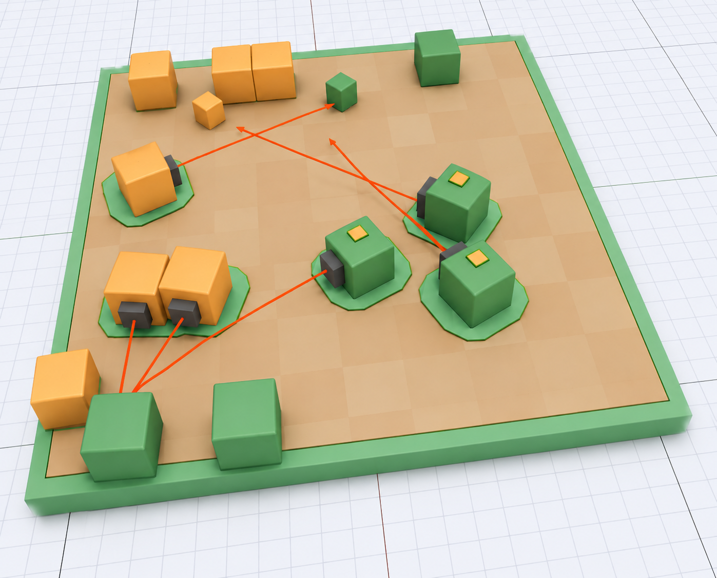 A top-down defense board with orange and green teams of units scattered across a tan grid, connected by red targeting lines