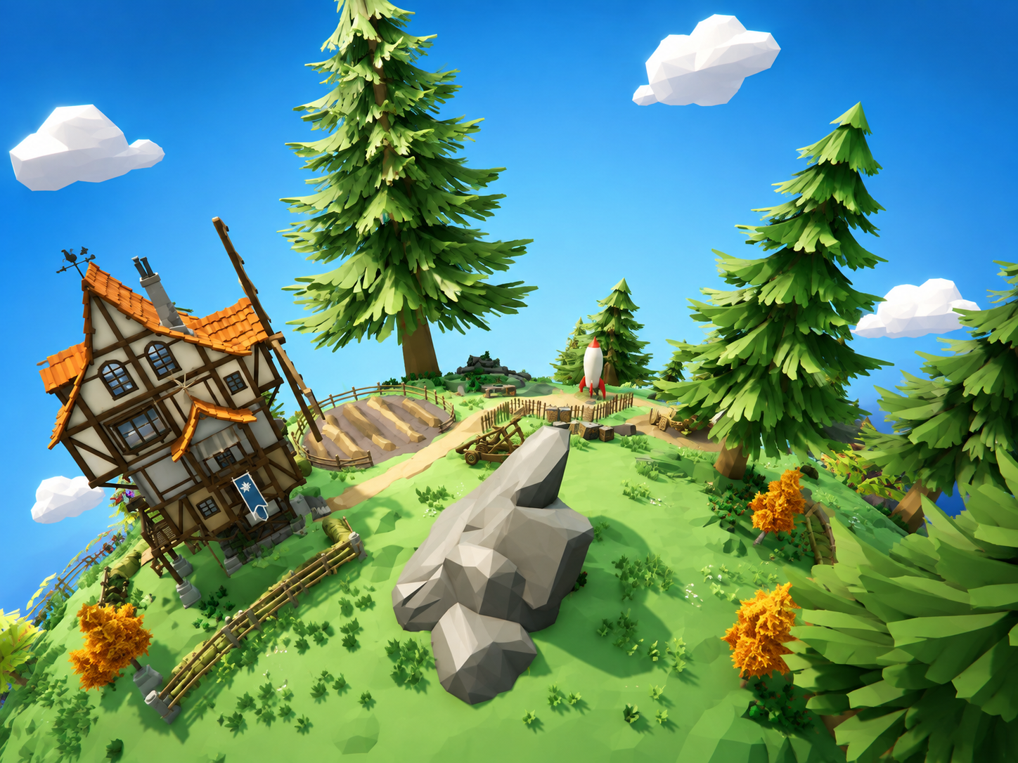 A miniature grassy world with a medieval half-timbered house, pine trees, and a small rocket standing on the hillside